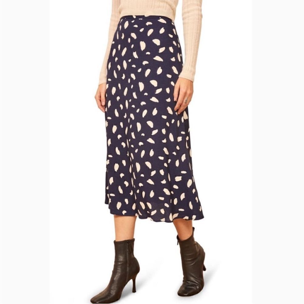 Reformation Bea Paint Splatter Spot Navy Blue MIDI Skirt